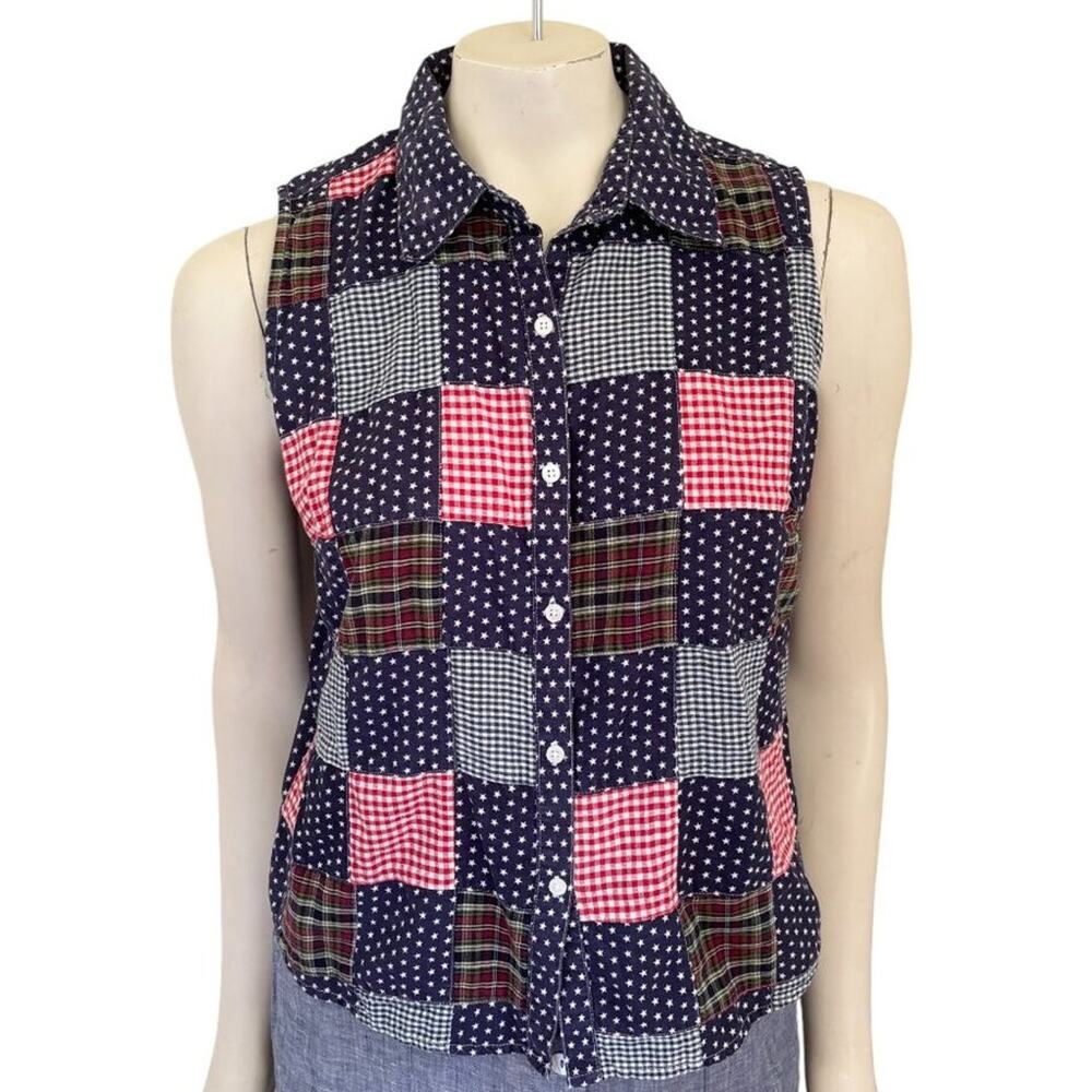 VTG CABIN CREEK Patchwork Plaid Stars Button Front Sleeveless Shirt SZ MP